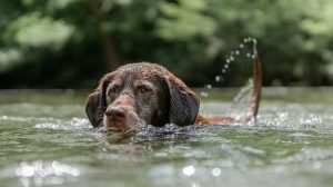 chocolate Labrador in water